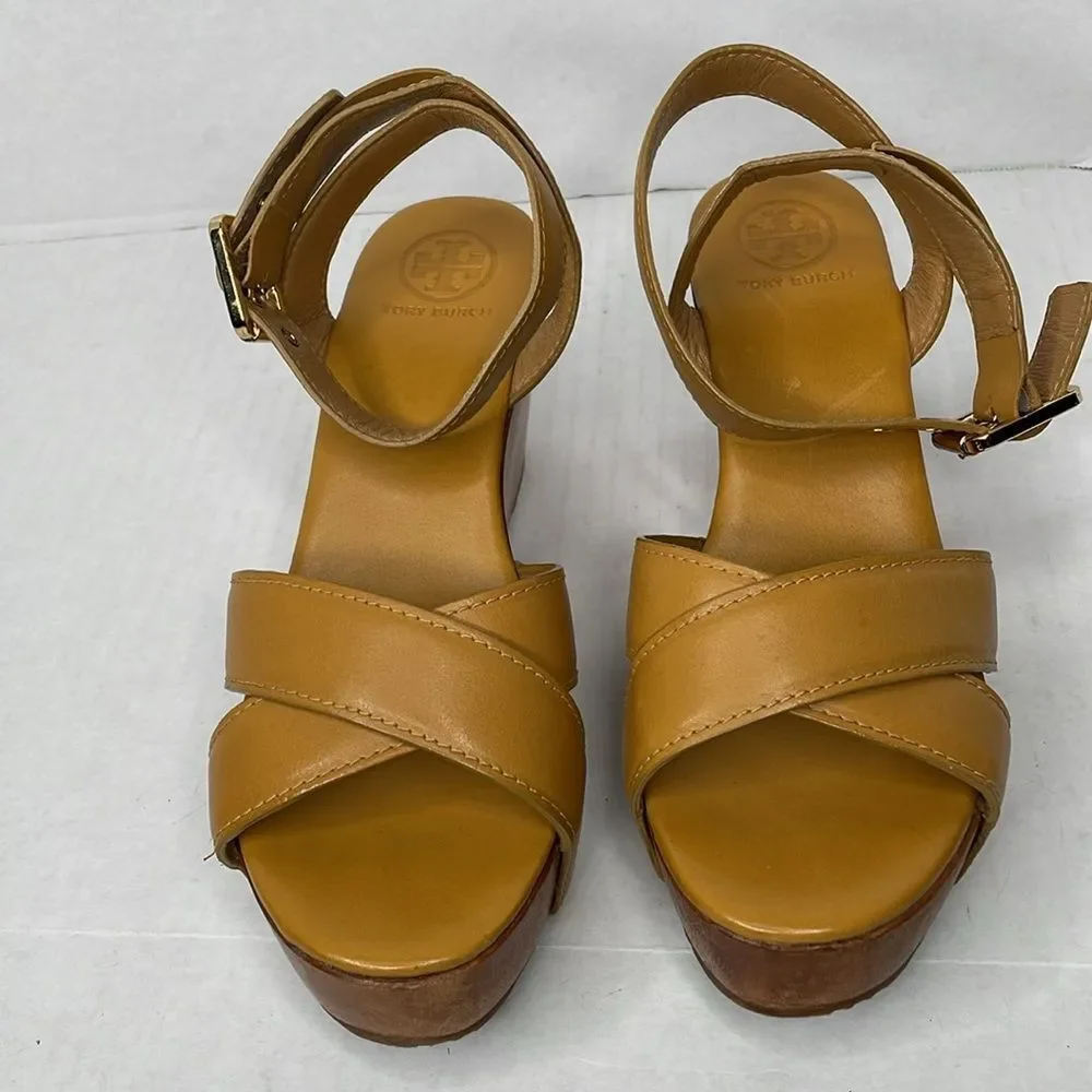 Tory Burch Almita Tan leather ankle strap wedge Sandals